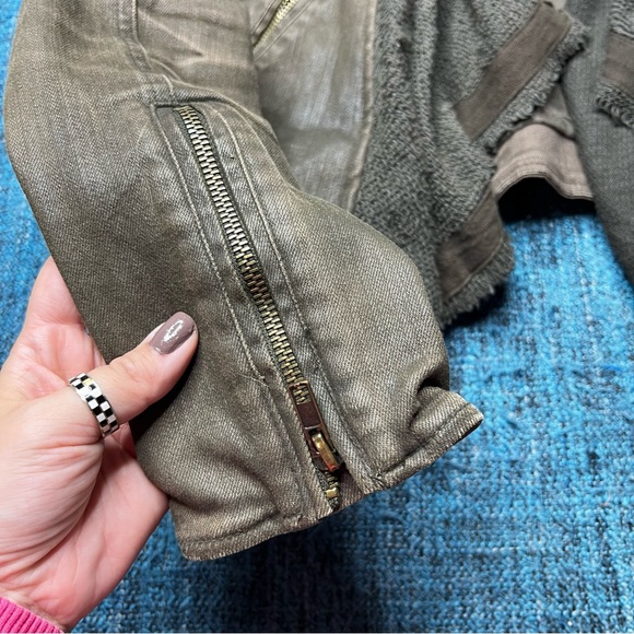 Free People Drape Front Coated Denim Moto Jacket in Olive Green - Picture 4 of 9